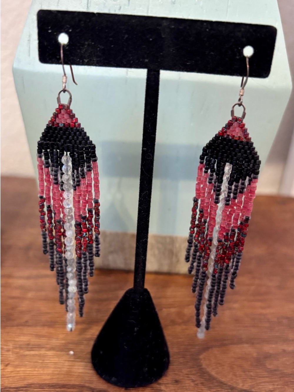 Handmade Pink & Black Beaded Earrings
